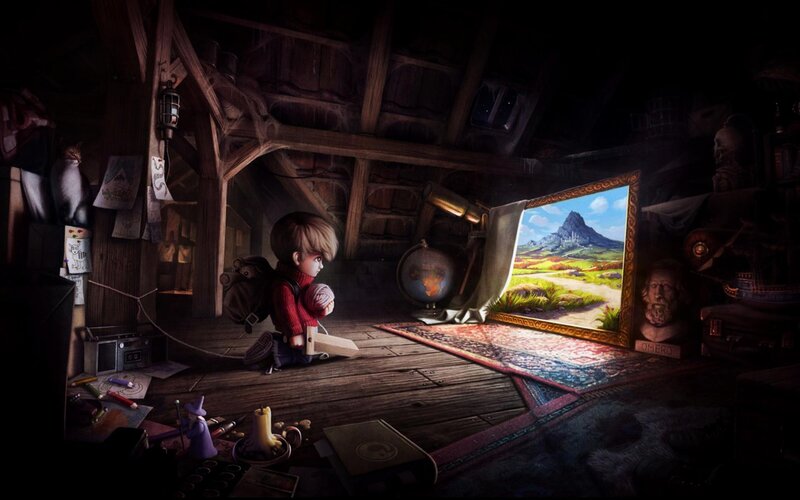 Boy in Attic Room — Brown, Dreamy, Digital Art