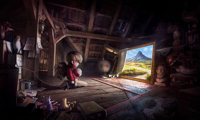 Boy in Attic Room — Brown, Dreamy