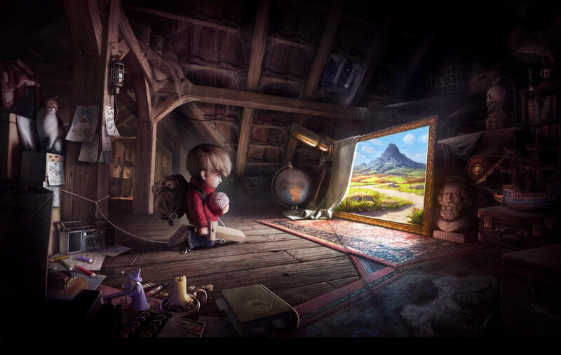 Boy in attic with fantasy painting