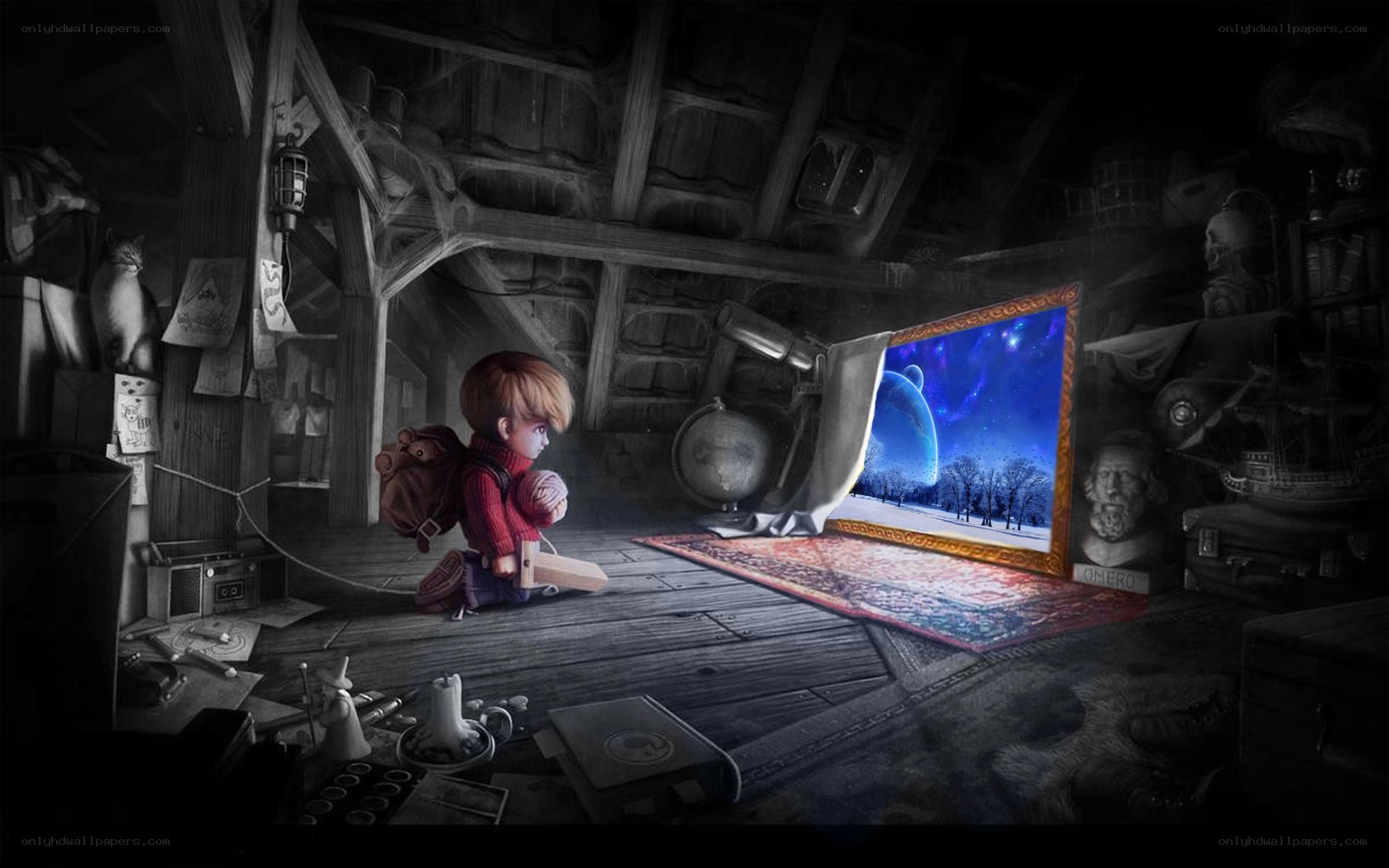 boy in attic with portal