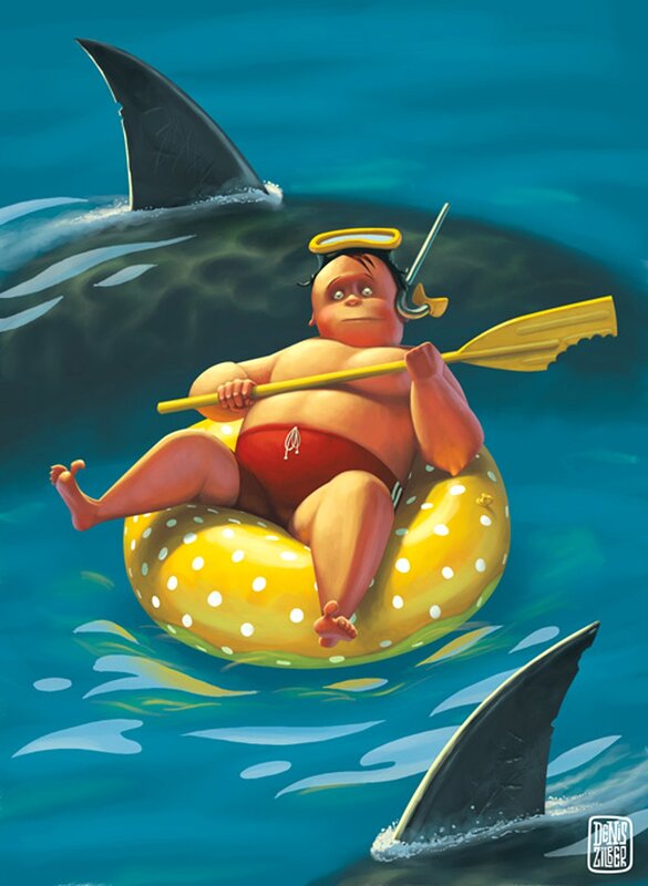 Boy in inflatable ring with sharks