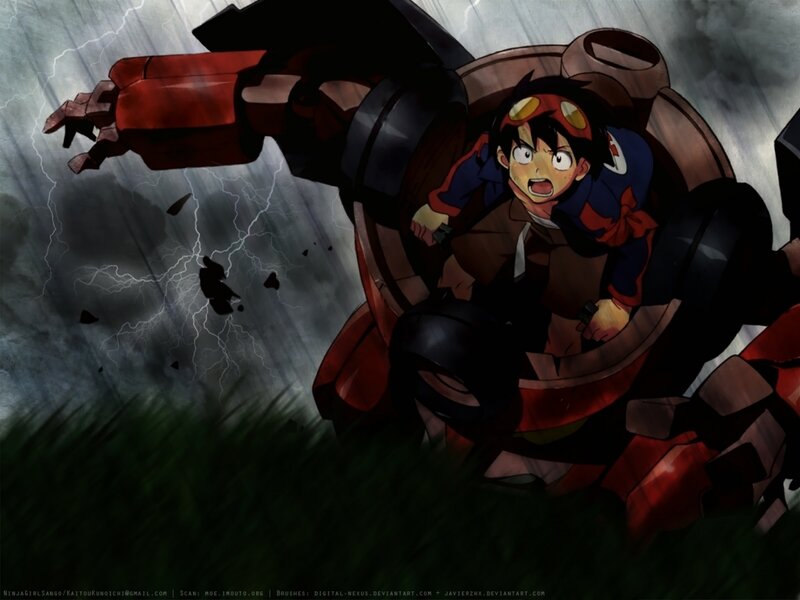 Boy in mech suit during storm