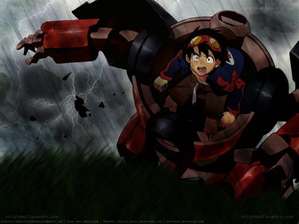 Boy in mech suit during storm