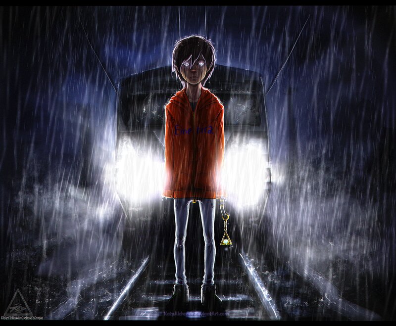 Boy in Rain on Train Tracks