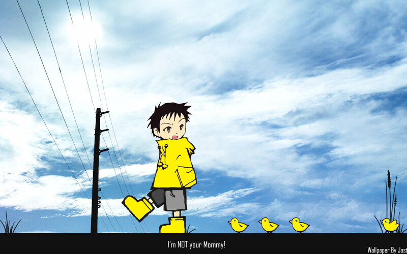 Boy in yellow raincoat with ducklings