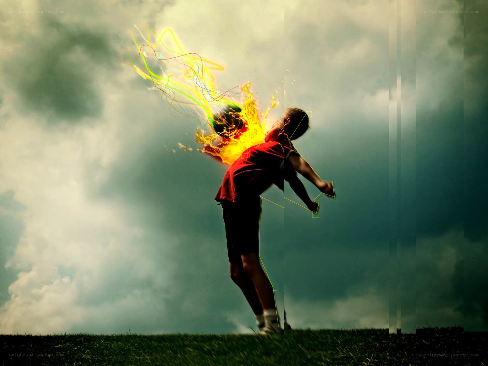 Boy kicking a fiery ball