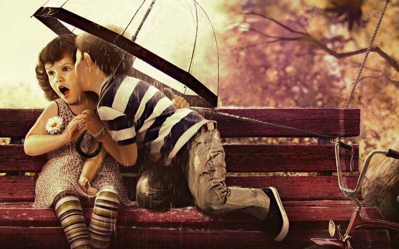 Boy Kissing Girl on Bench