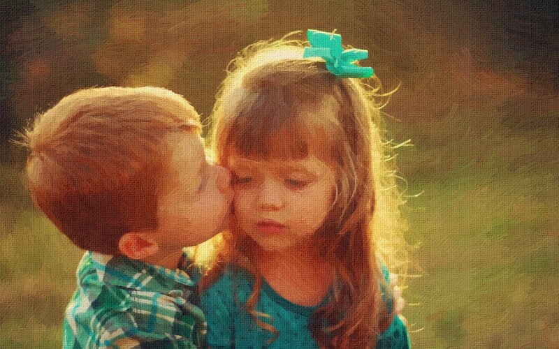 Boy Kissing Girl on Cheek — Green, Tender