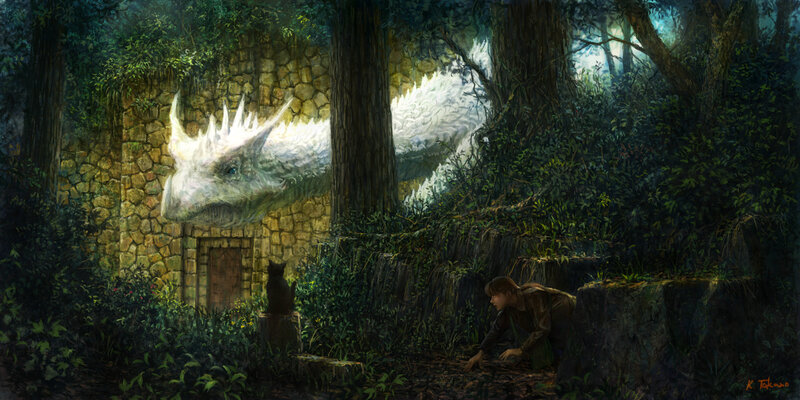 Boy meets white dragon in forest