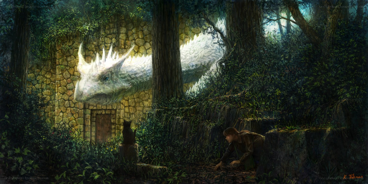 Boy meets white dragon in forest