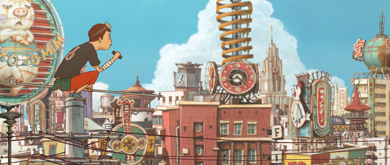 boy on a rooftop cityscape