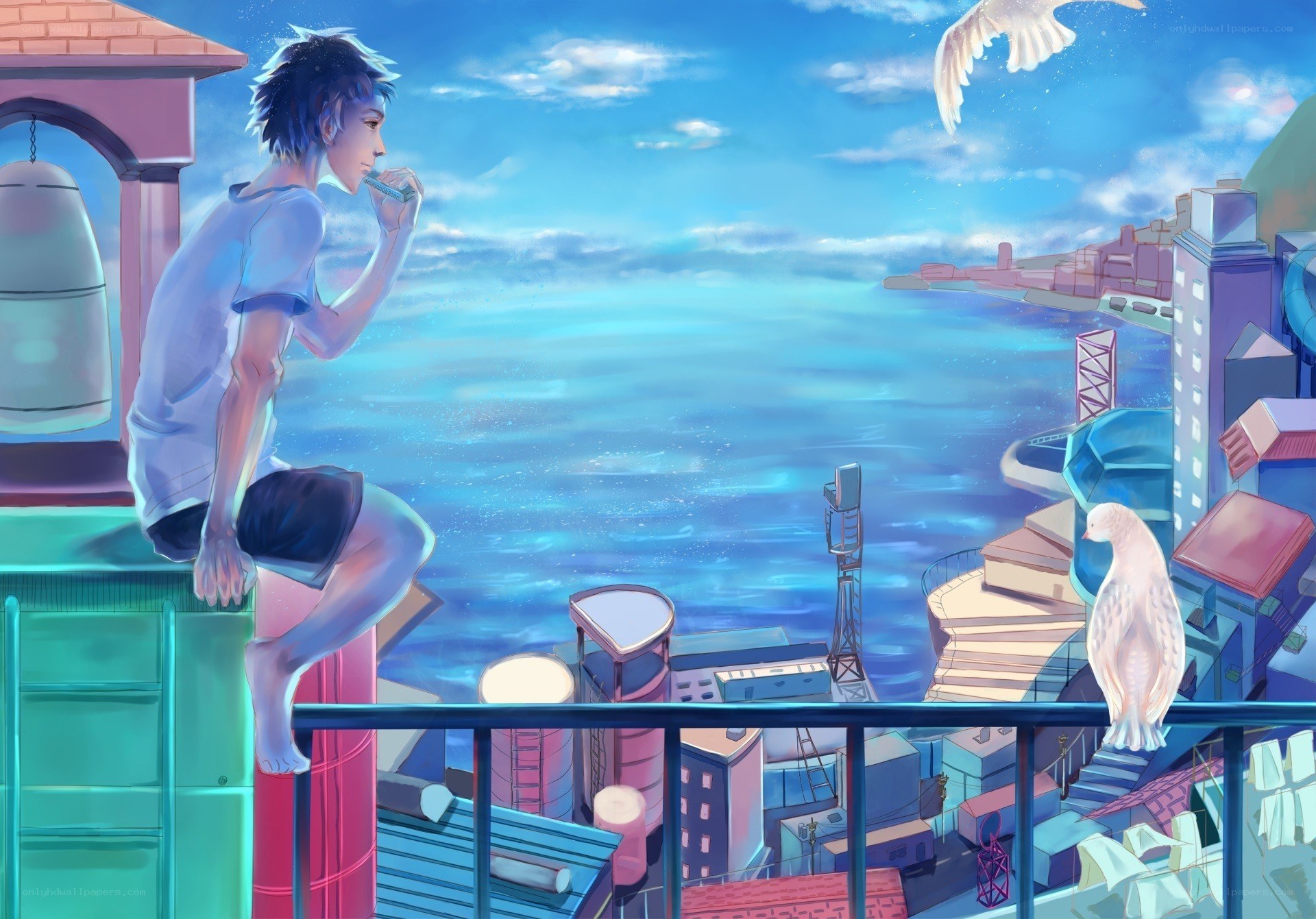 Boy on balcony overlooking the sea