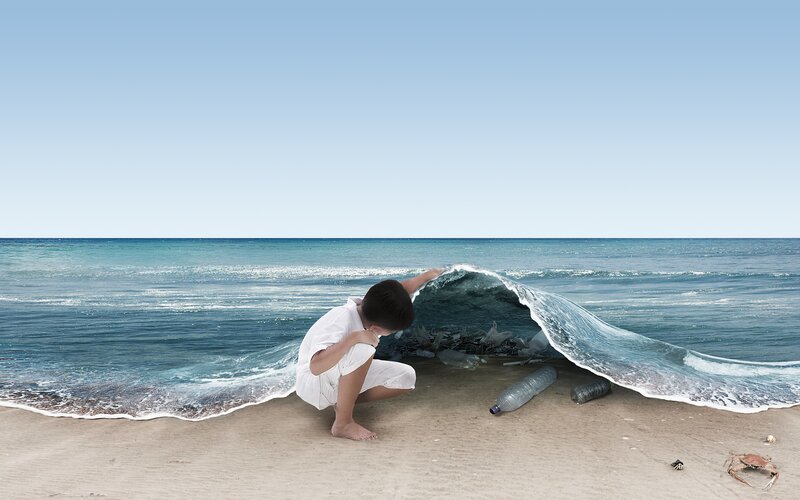 Boy on Beach with Wave