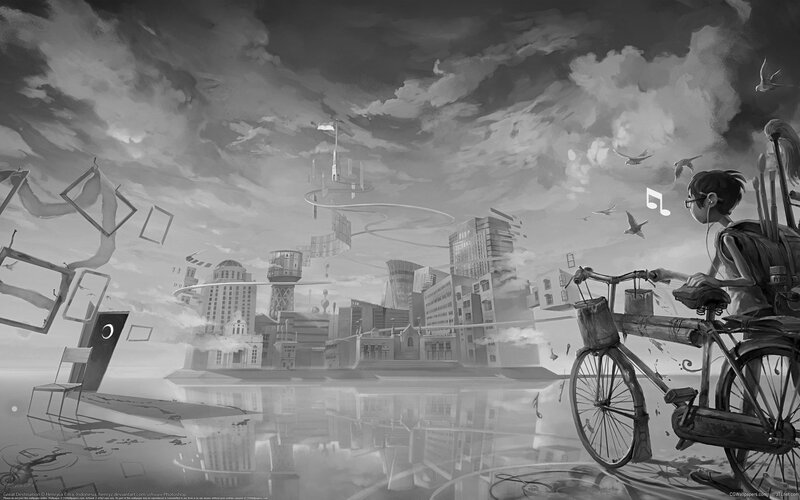 boy on bike in surreal city