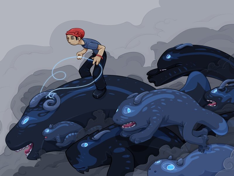 Boy on monster's back