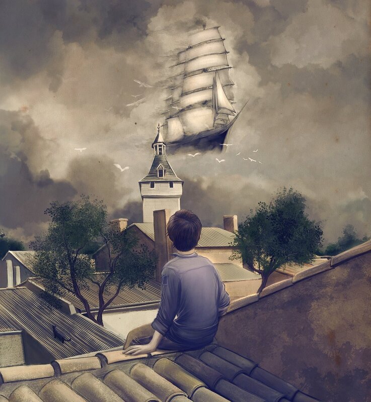 Boy on rooftop watching ship