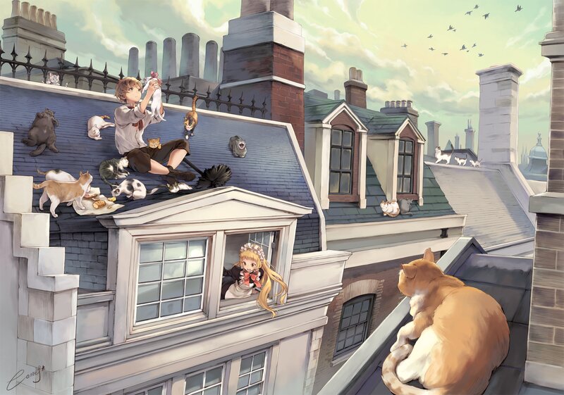 Boy on Rooftop with Cats