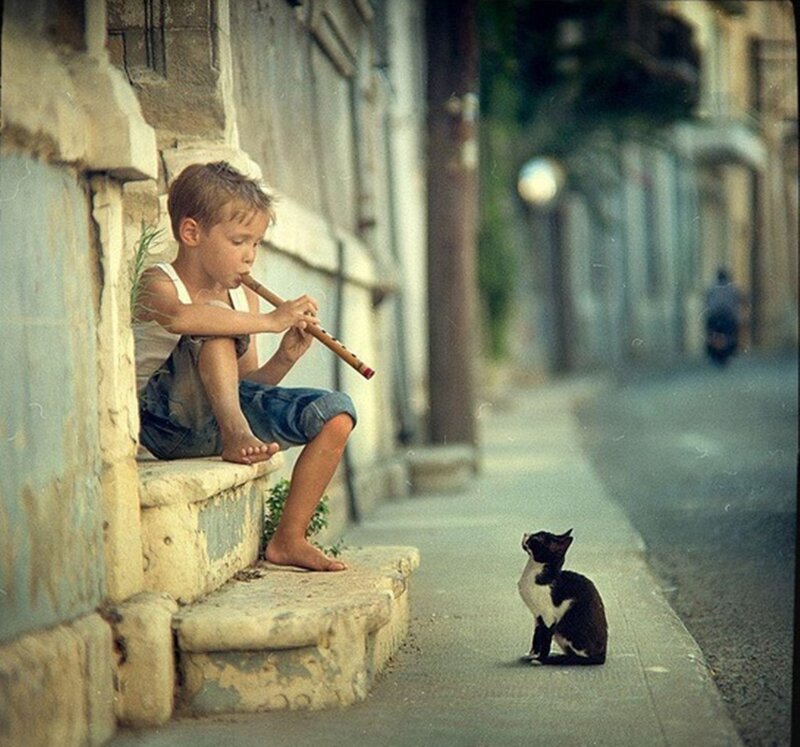 Boy Playing Flute — Brown, Calm
