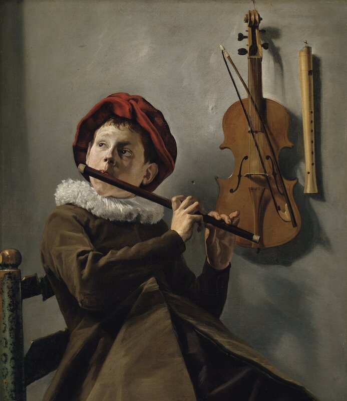 Boy Playing Flute — Brown, Dramatic