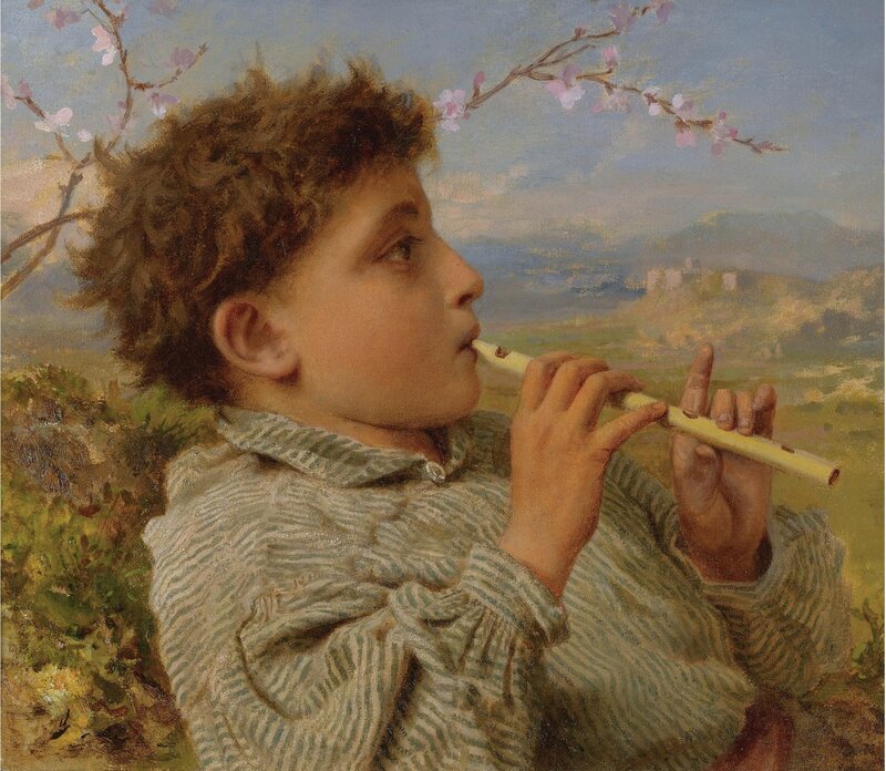 Boy playing flute in spring