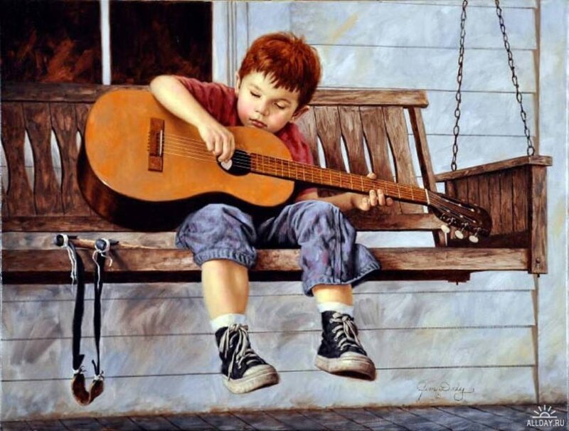 Boy Playing Guitar — Brown, Peaceful