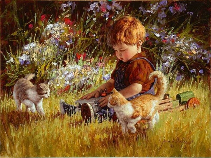 Boy Playing with Kittens — Green