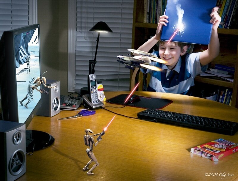 Boy Playing with Toy Robots