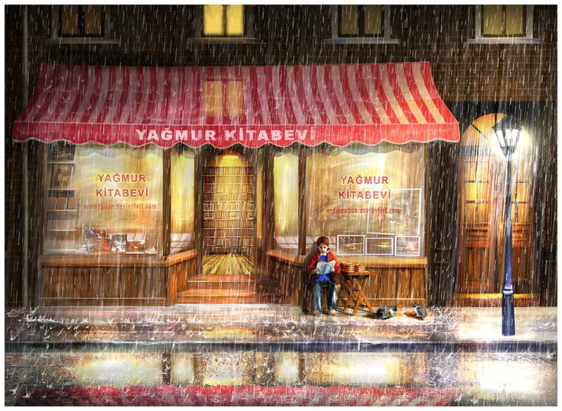 Boy Reading in Rain