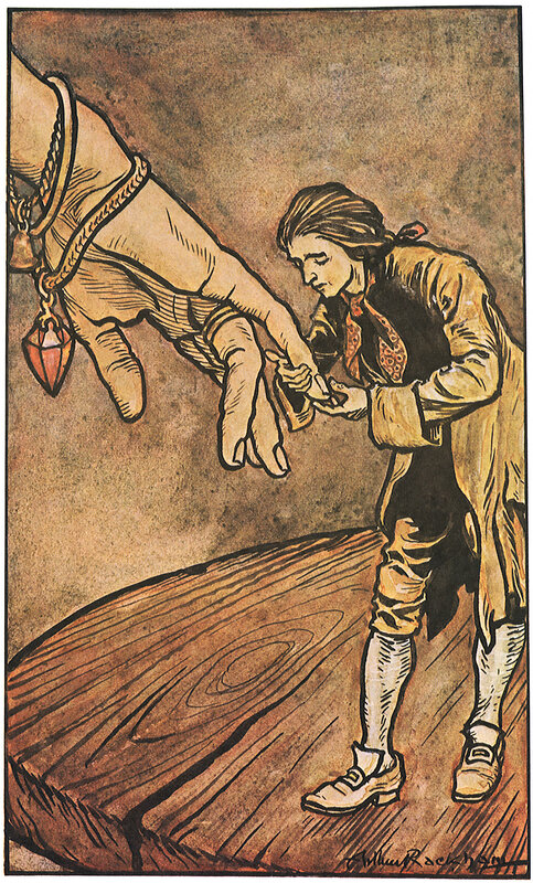 boy receiving a ring from giant hand