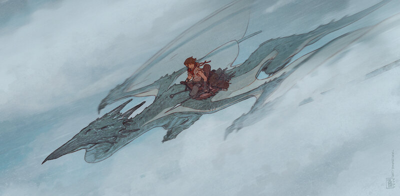 Boy Riding a Dragon — Blue, Dramatic