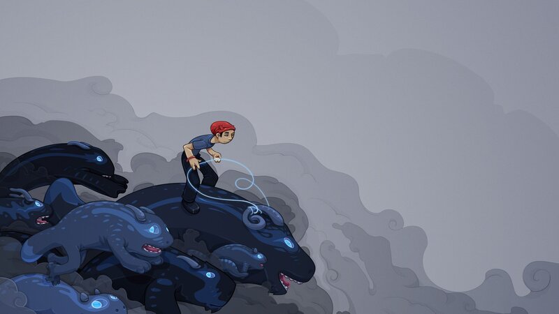 Boy riding a monster
