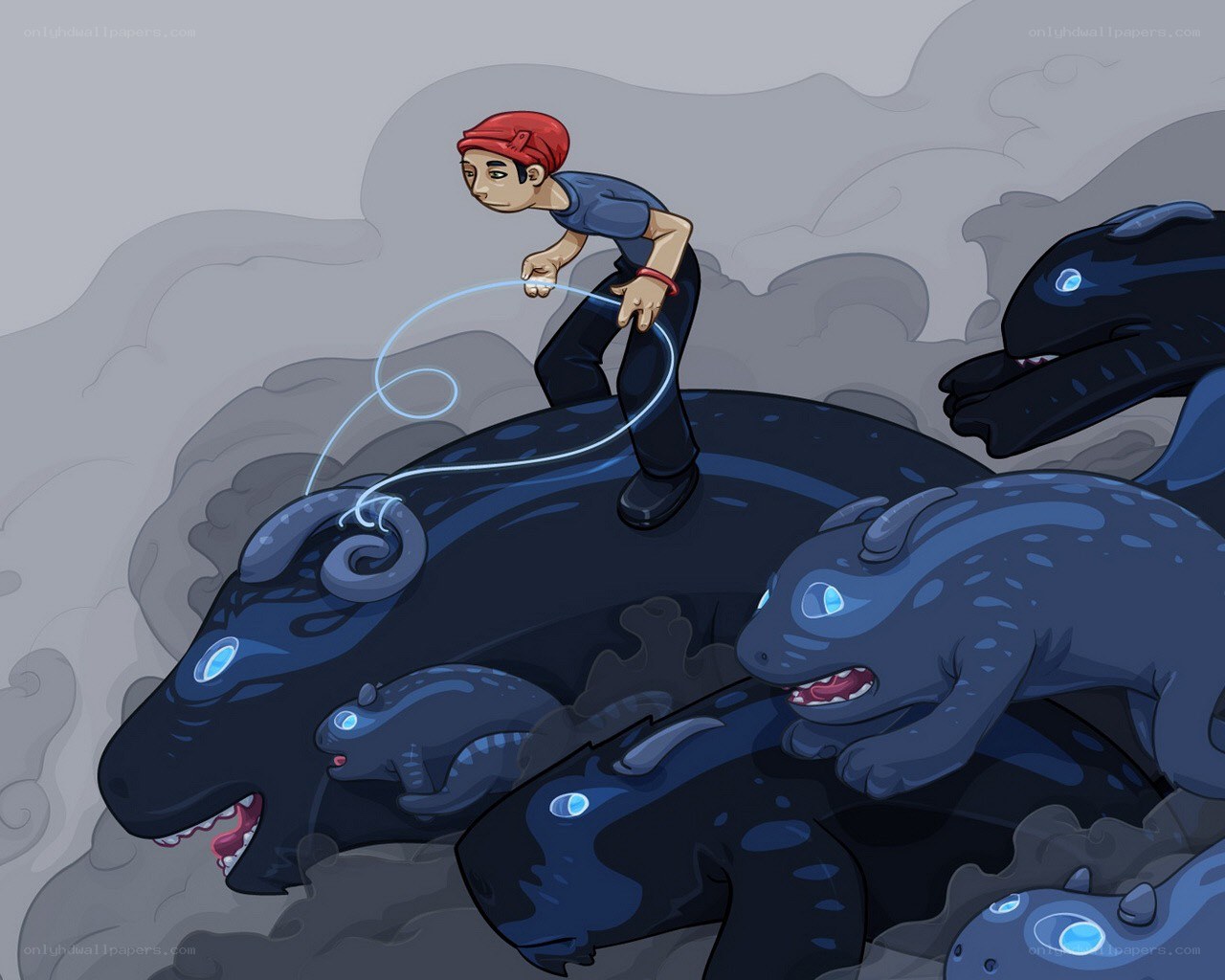 Boy riding a monster