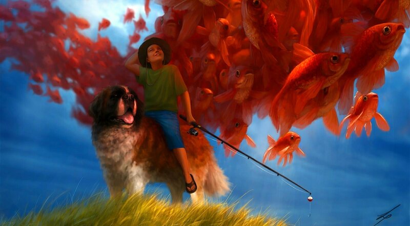 Boy Riding Dog — Blue