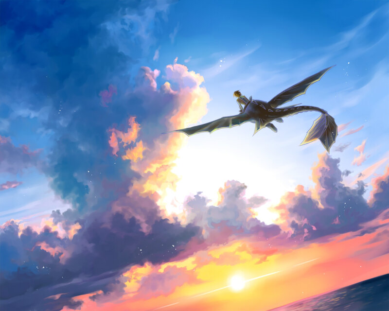Boy Riding Dragon — Blue, Dramatic, Sunset