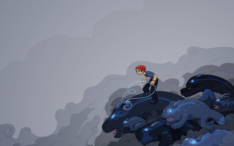 Boy riding sea monsters