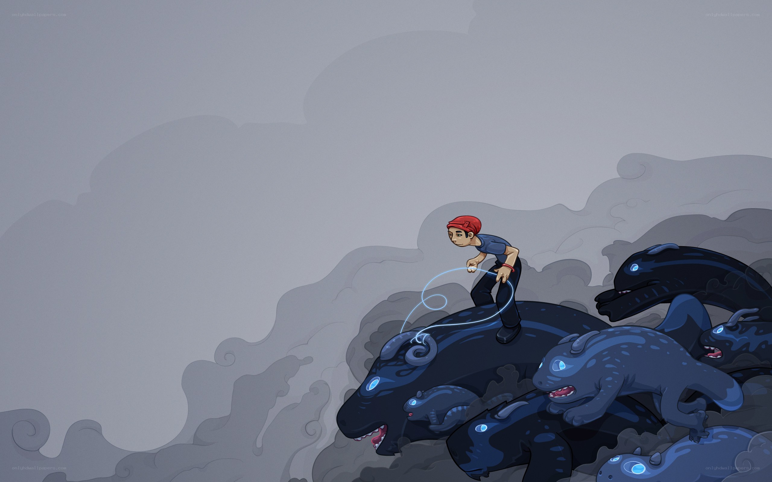 Boy riding sea monsters