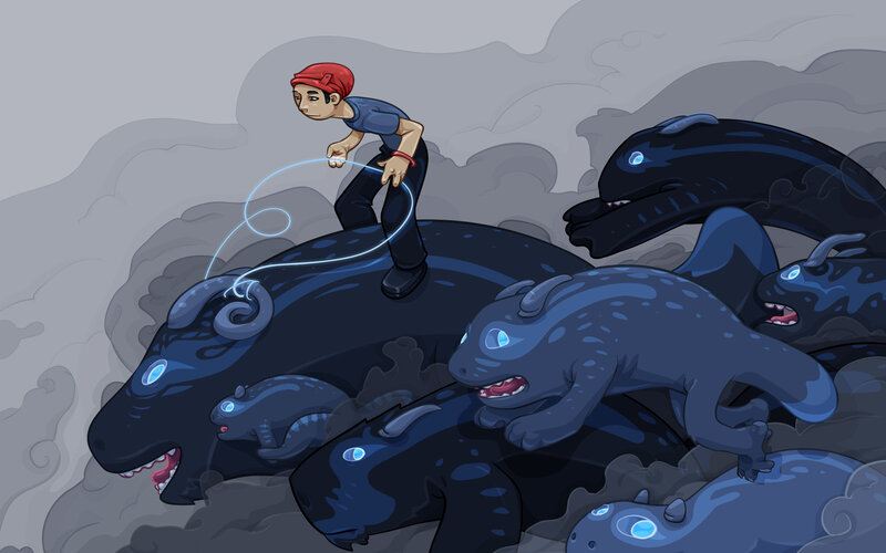 Boy riding sea monsters