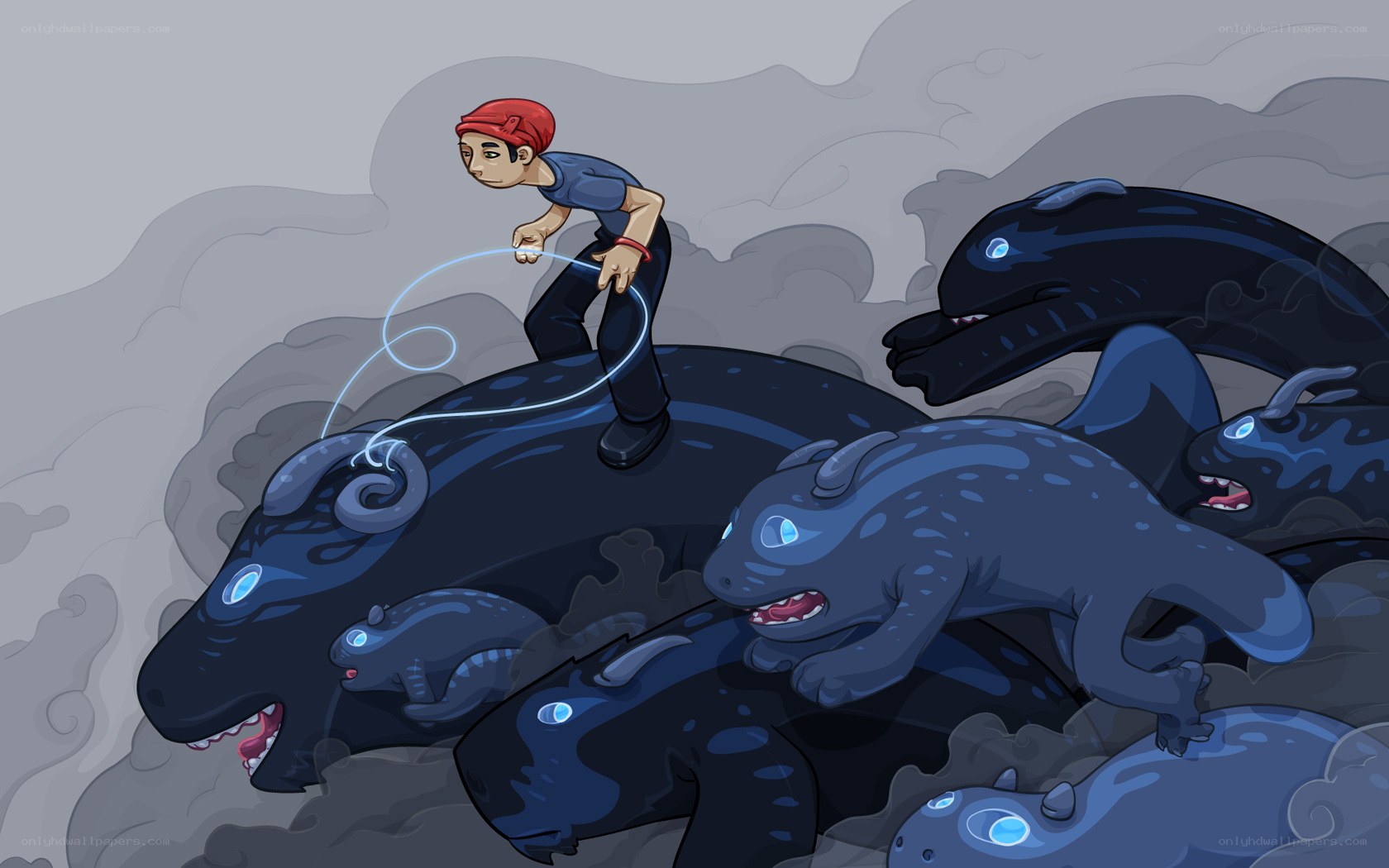 Boy riding sea monsters