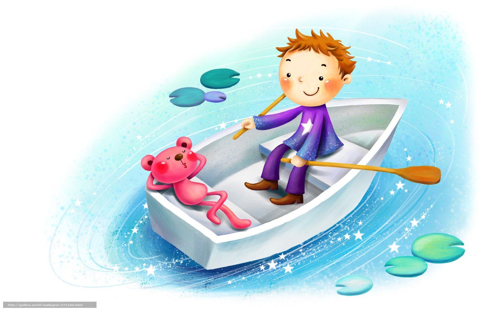 Boy rowing boat with teddy bear