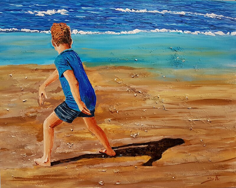 Boy Running on Beach — Blue