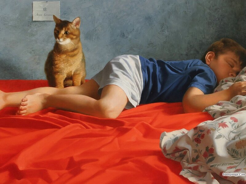 Boy Sleeping with Cat — Red