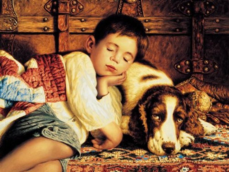 Boy Sleeping with Dog — Brown