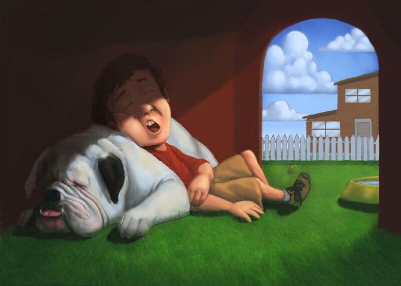 Boy Sleeping with Dog — Green