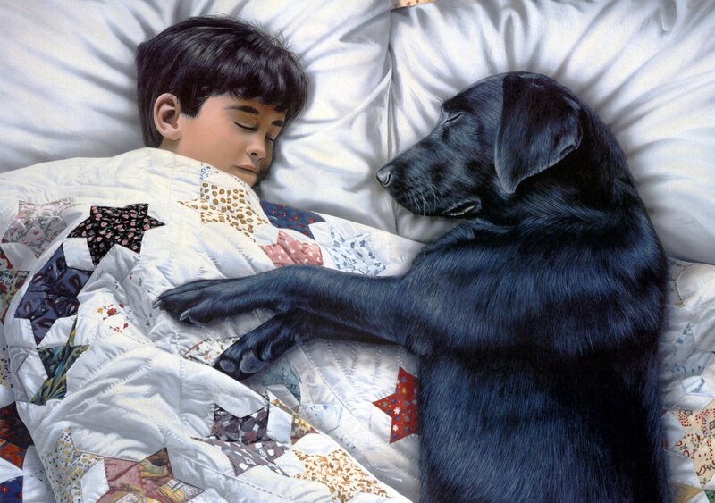 Boy Sleeping with Dog — White