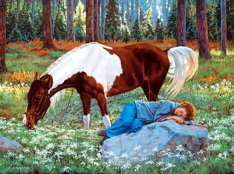 Boy Sleeping with Horse — Green