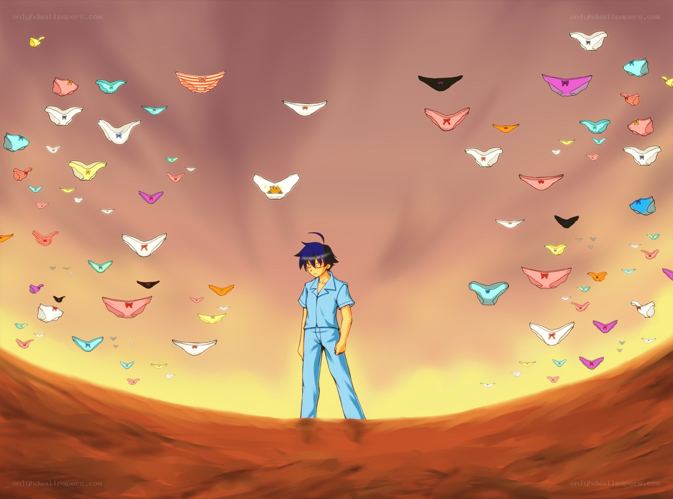 boy surrounded by underwear
