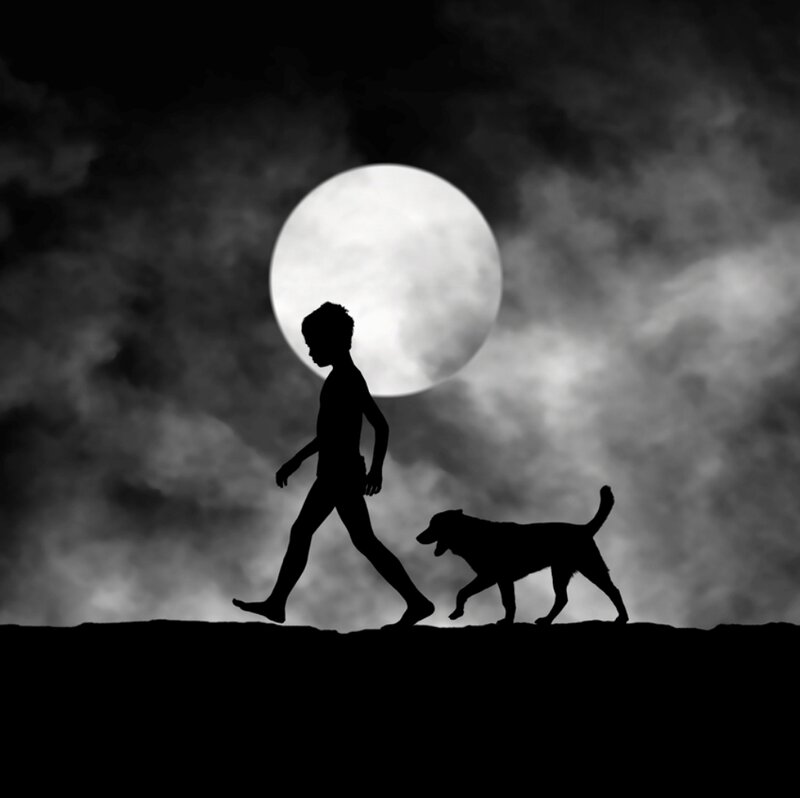 Boy Walking Dog — Black