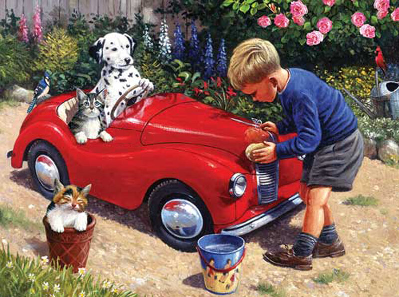 Boy Washing Toy Car — Red