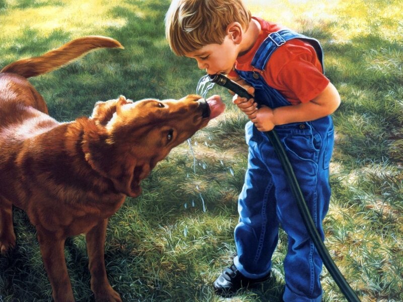 Boy Watering Dog