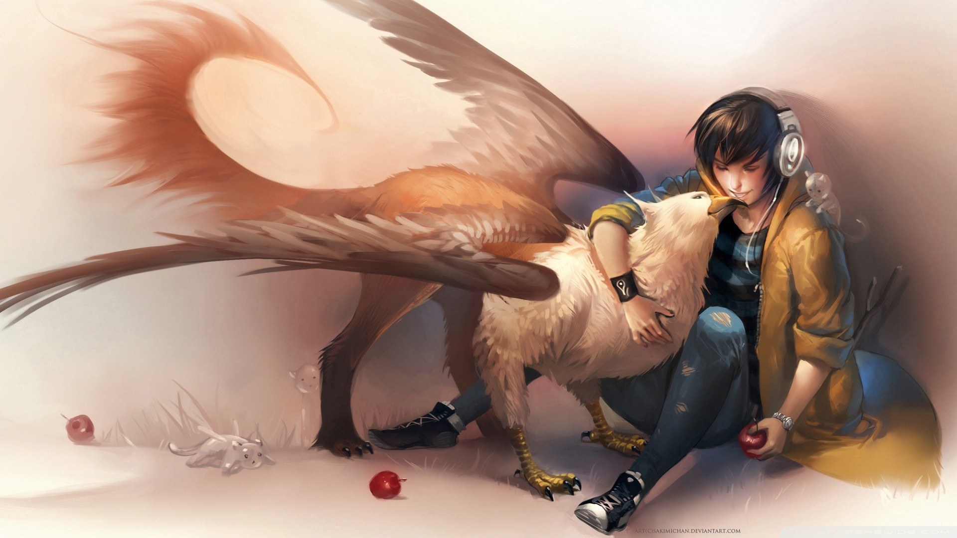 Boy with a griffin and pets